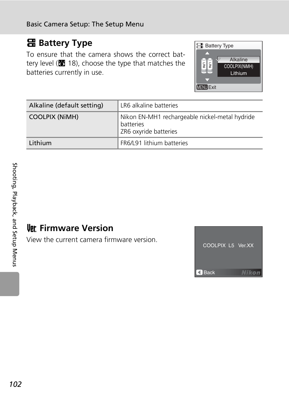 G battery type, B firmware version, C 102) | Gbattery type, Bfirmware version | Nikon L5 User Manual | Page 114 / 136