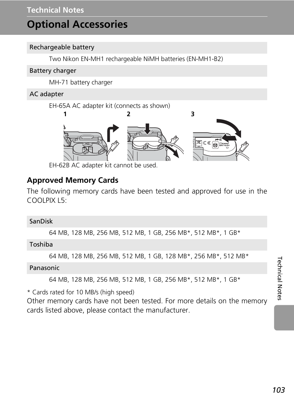 Technical notes, Optional accessories, C 103) | Nikon L5 User Manual | Page 115 / 136