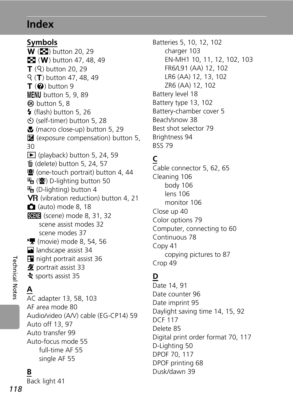 Index | Nikon L5 User Manual | Page 130 / 136