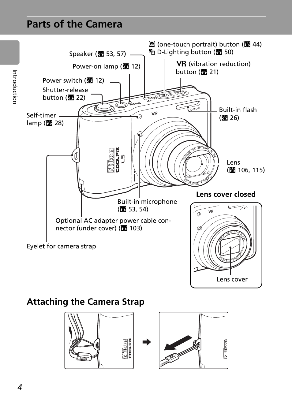 Parts of the camera, Attaching the camera strap, Lens cover closed | Nikon L5 User Manual | Page 16 / 136