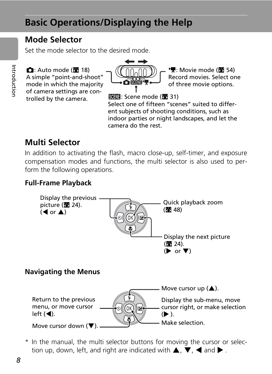 Basic operations/displaying the help, Mode selector, Multi selector | Mode selector multi selector, Or (c 8) | Nikon L5 User Manual | Page 20 / 136