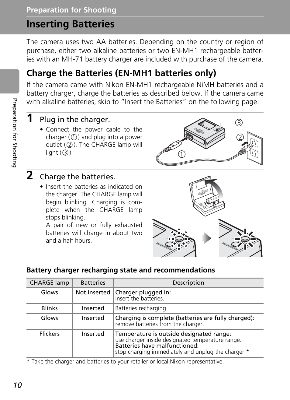 Preparation for shooting, Inserting batteries, Charge the batteries (en-mh1 batteries only) | Nikon L5 User Manual | Page 22 / 136