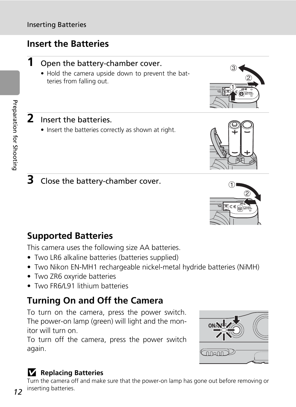 Insert the batteries, Supported batteries, Turning on and off the camera | C 12, C 12), R (c 12) | Nikon L5 User Manual | Page 24 / 136