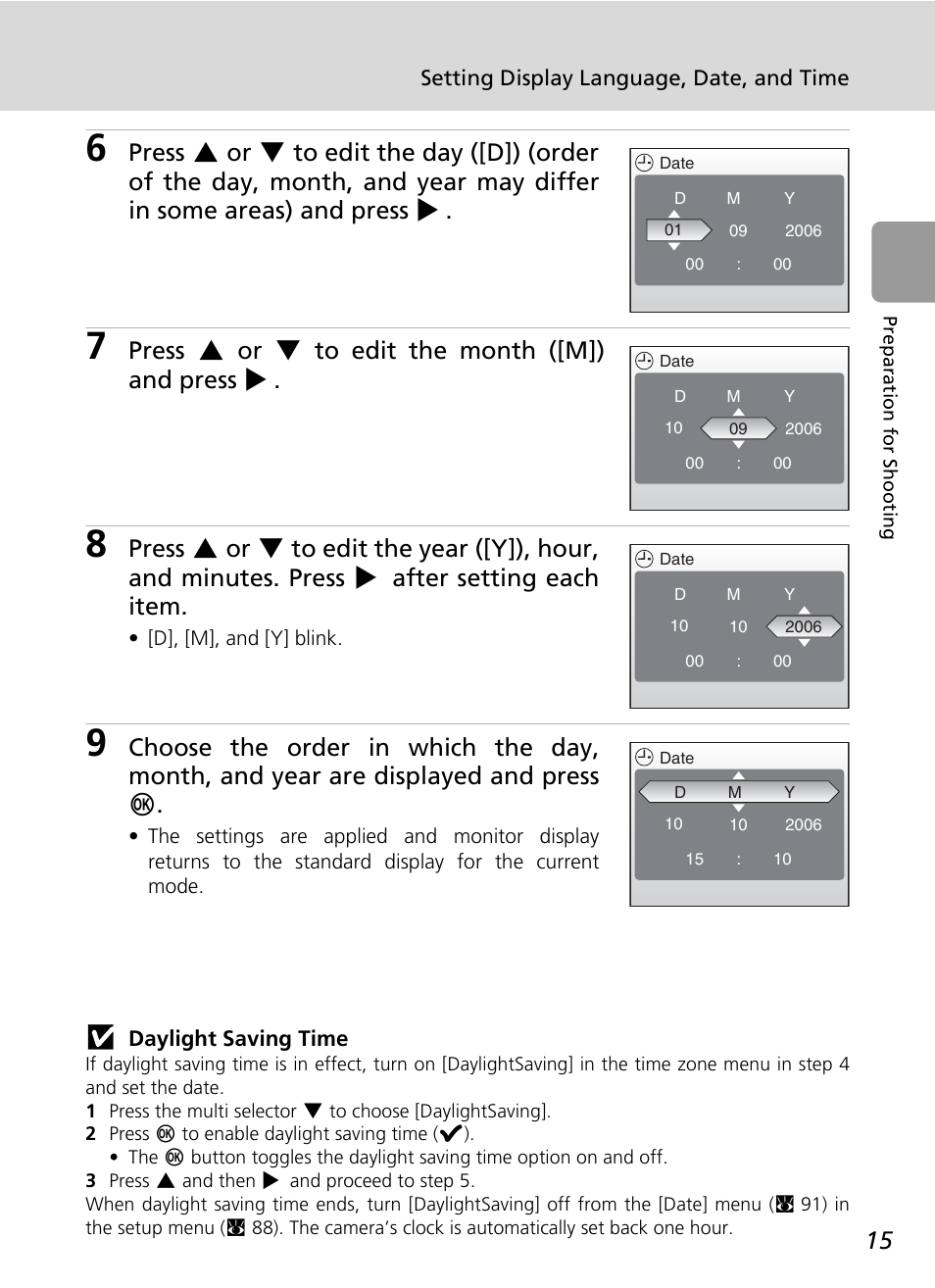 Daylight, Saving time, Press g or h to edit the month ([m]) and press j | Nikon L5 User Manual | Page 27 / 136