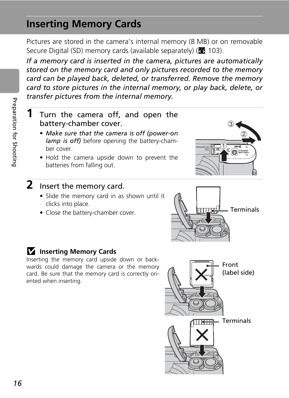 Inserting memory cards, C 16) | Nikon L5 User Manual | Page 28 / 136