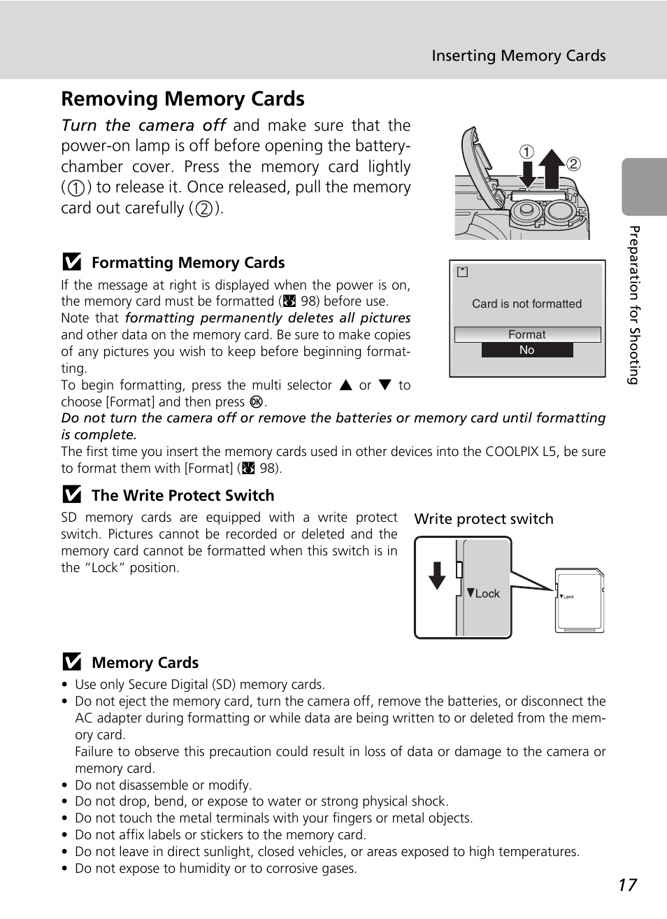 Removing memory cards | Nikon L5 User Manual | Page 29 / 136