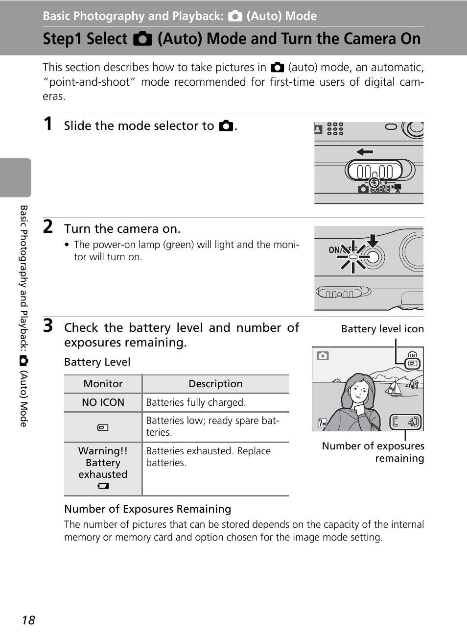 Basic photography and playback: l (auto) mode, Step1 select l (auto) mode and turn the camera on, Basic photography and playback: l | Step1 select, C 18) | Nikon L5 User Manual | Page 30 / 136