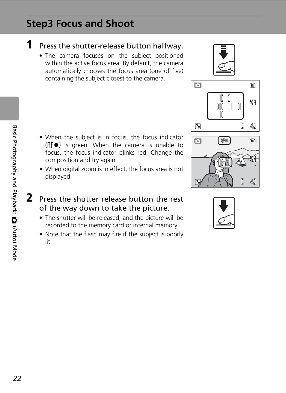Step3 focus and shoot, C 22 | Nikon L5 User Manual | Page 34 / 136