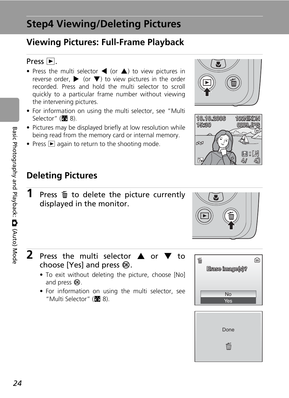 Step4 viewing/deleting pictures, Viewing pictures: full-frame playback, Deleting pictures | C 24, E (c 24), Press i | Nikon L5 User Manual | Page 36 / 136