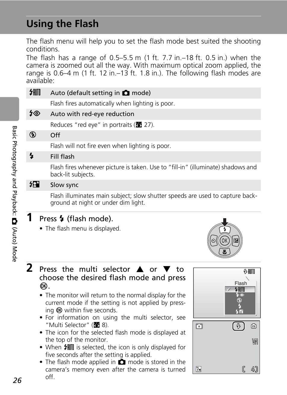 Using the flash, C 26), C 26 | Nikon L5 User Manual | Page 38 / 136