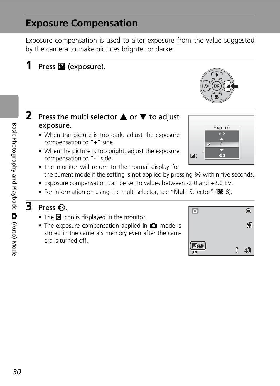 Exposure compensation, C 30, C 30) | Nikon L5 User Manual | Page 42 / 136