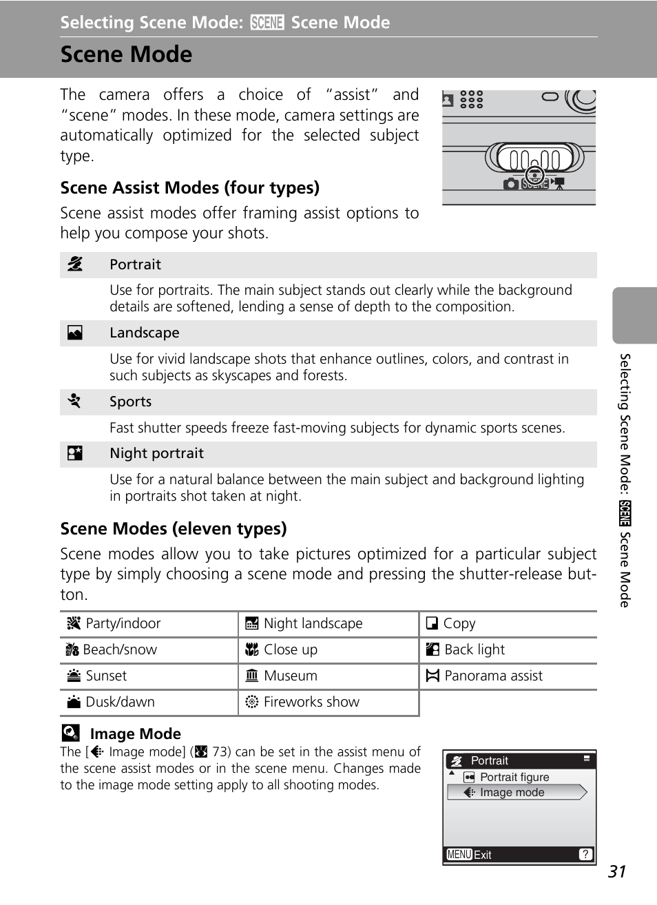 Selecting scene mode: b scene mode, Scene mode, Selecting scene mode | De (c 31), C 31), Scene assist modes (four types), Scene modes (eleven types) | Nikon L5 User Manual | Page 43 / 136