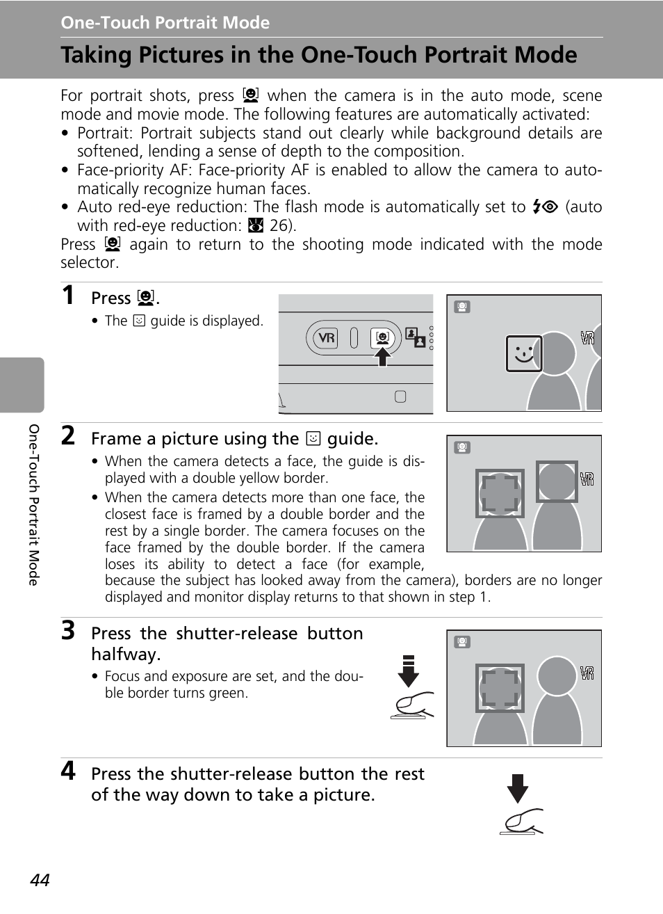 One-touch portrait mode, Taking pictures in the one-touch portrait mode, C 44) | Nikon L5 User Manual | Page 56 / 136