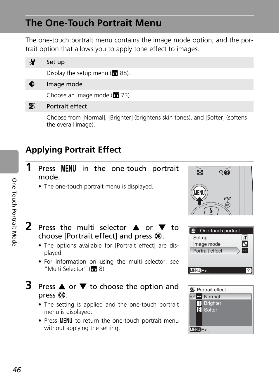 The one-touch portrait menu, Applying portrait effect, C 46) | Nikon L5 User Manual | Page 58 / 136