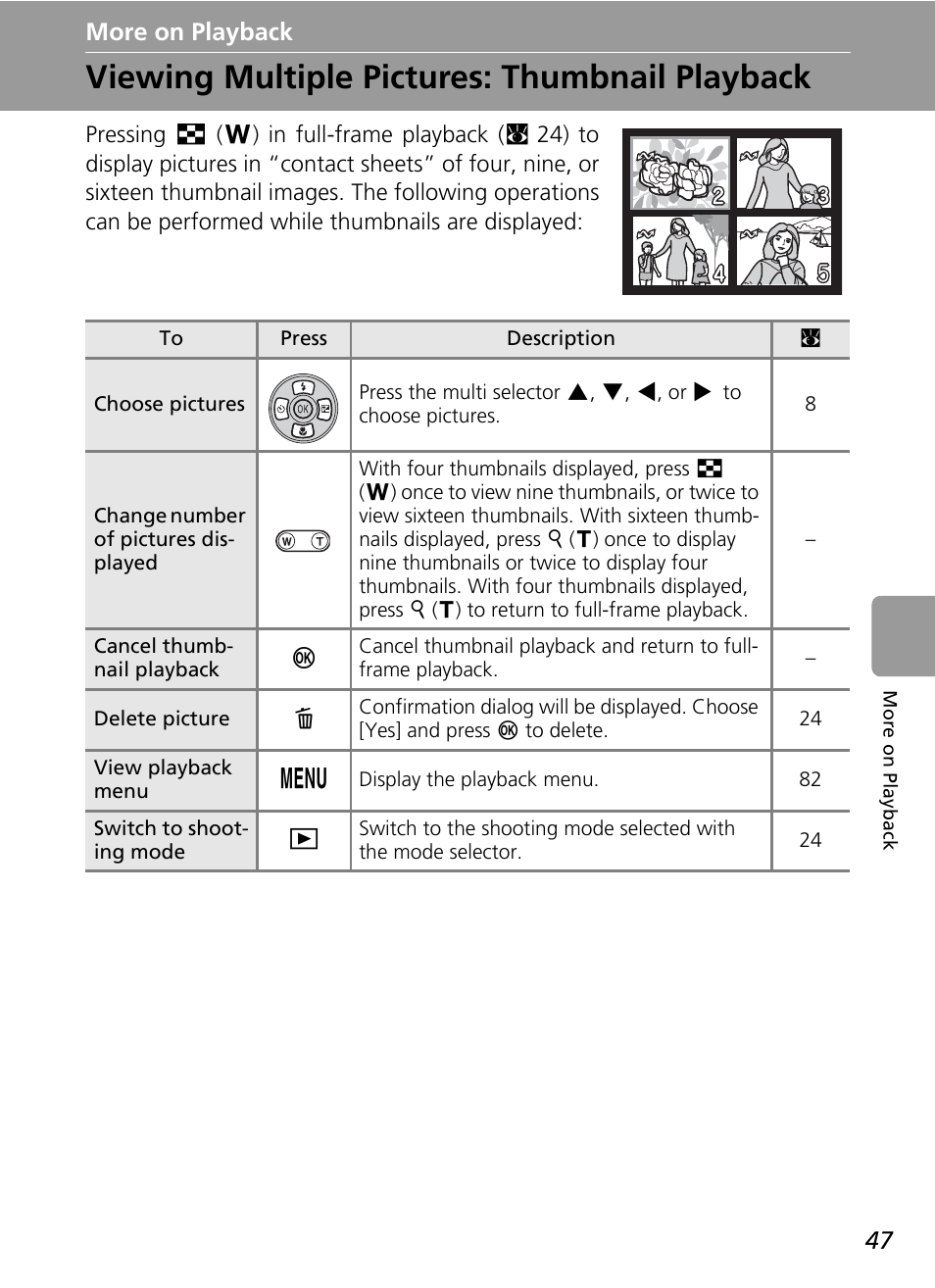 More on playback, Viewing multiple pictures: thumbnail playback, C 47 | Nikon L5 User Manual | Page 59 / 136