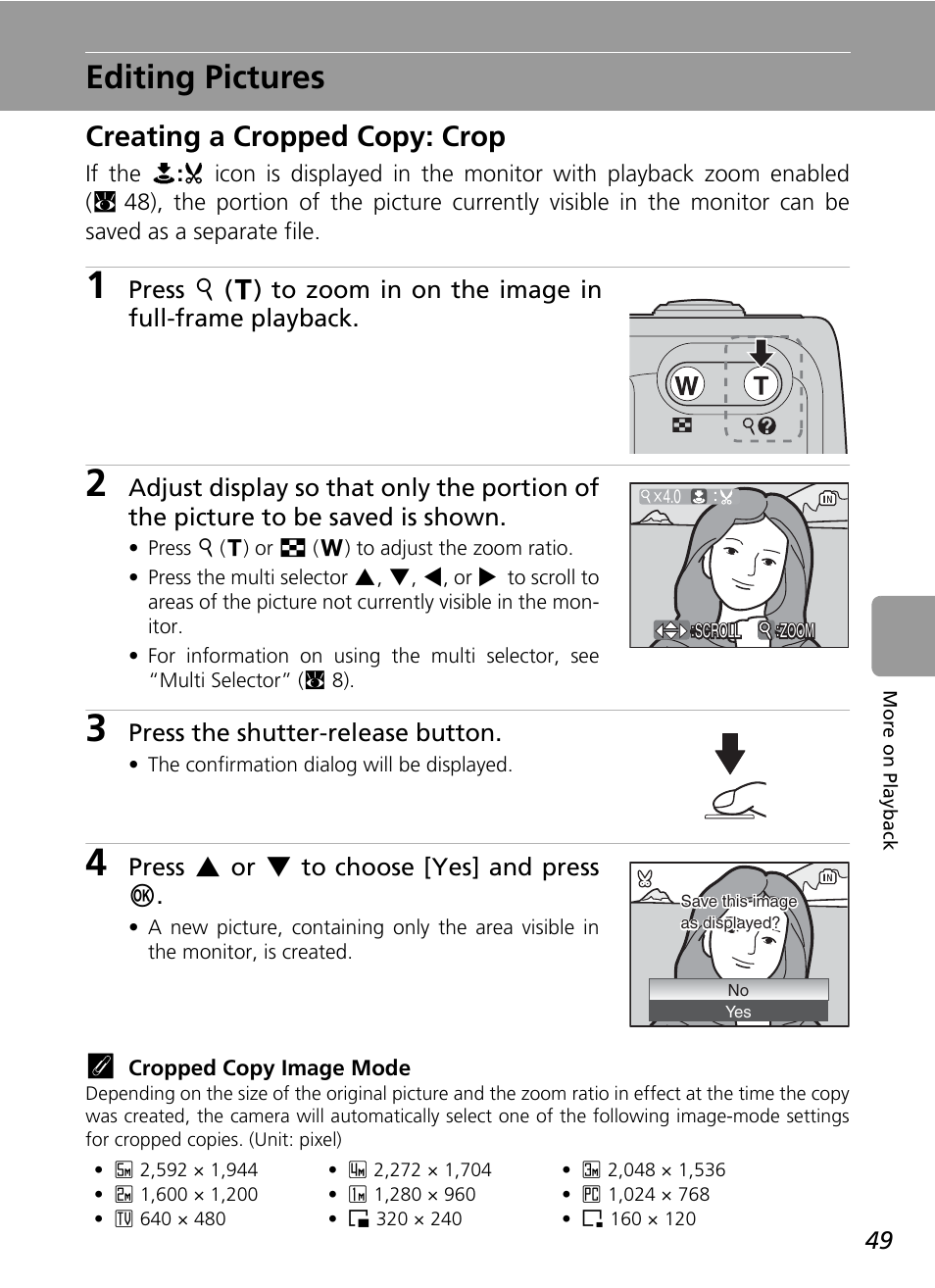 Editing pictures, Creating a cropped copy: crop | Nikon L5 User Manual | Page 61 / 136