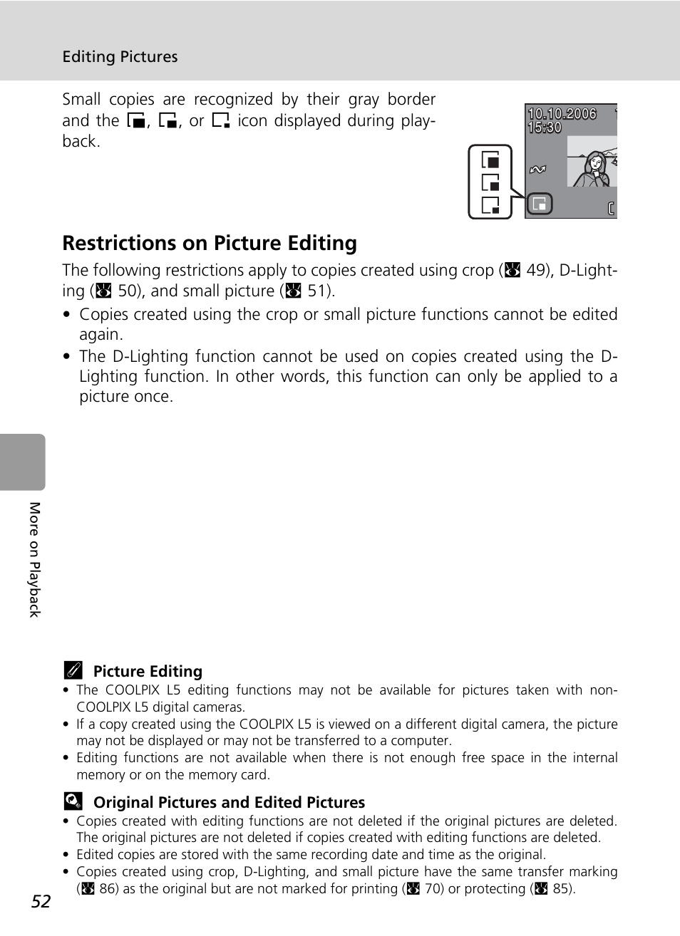Restrictions on picture editing | Nikon L5 User Manual | Page 64 / 136