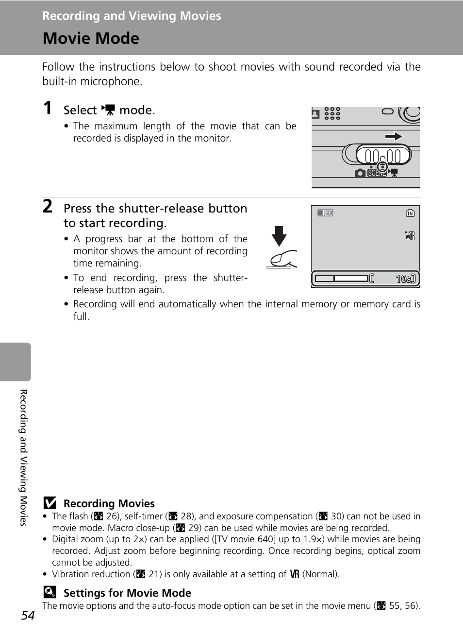 Recording and viewing movies, Movie mode, C 54 | C 54) | Nikon L5 User Manual | Page 66 / 136