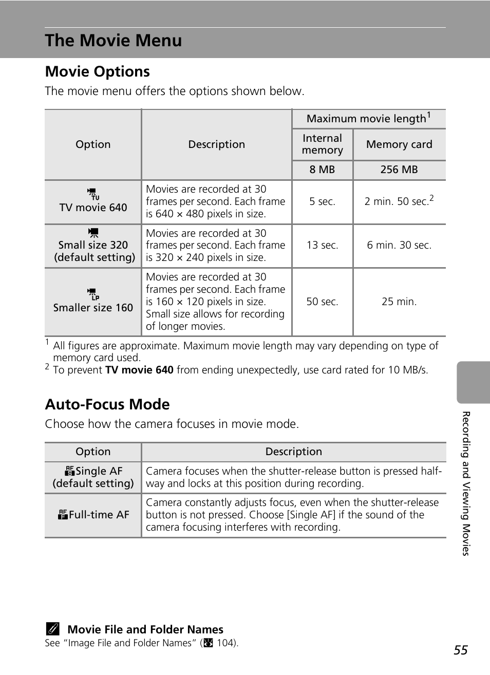 The movie menu, Movie options, Auto-focus mode | Movie options auto-focus mode, E menu (c 55 | Nikon L5 User Manual | Page 67 / 136