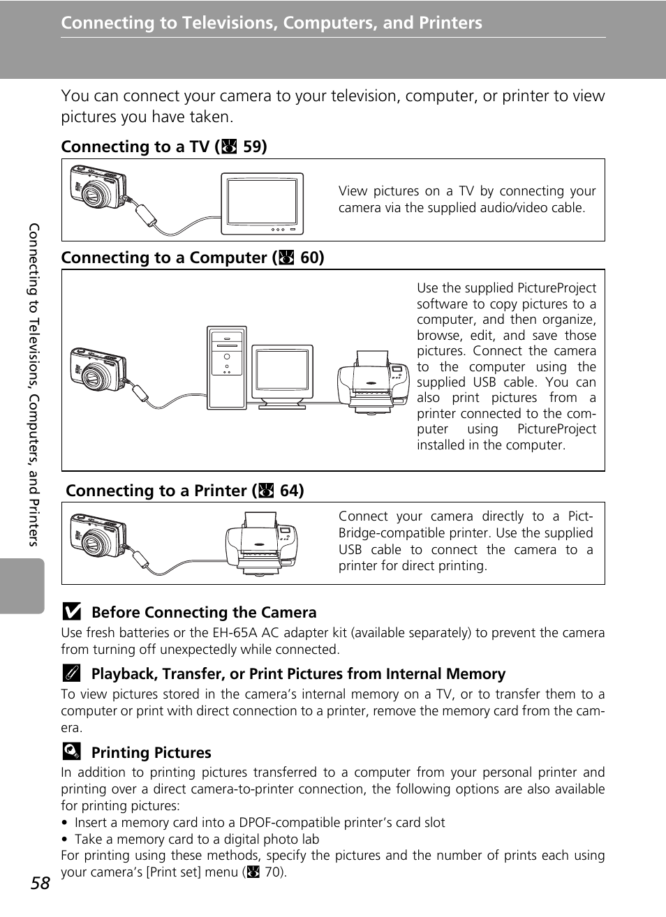 Connecting to televisions, computers, and printers | Nikon L5 User Manual | Page 70 / 136