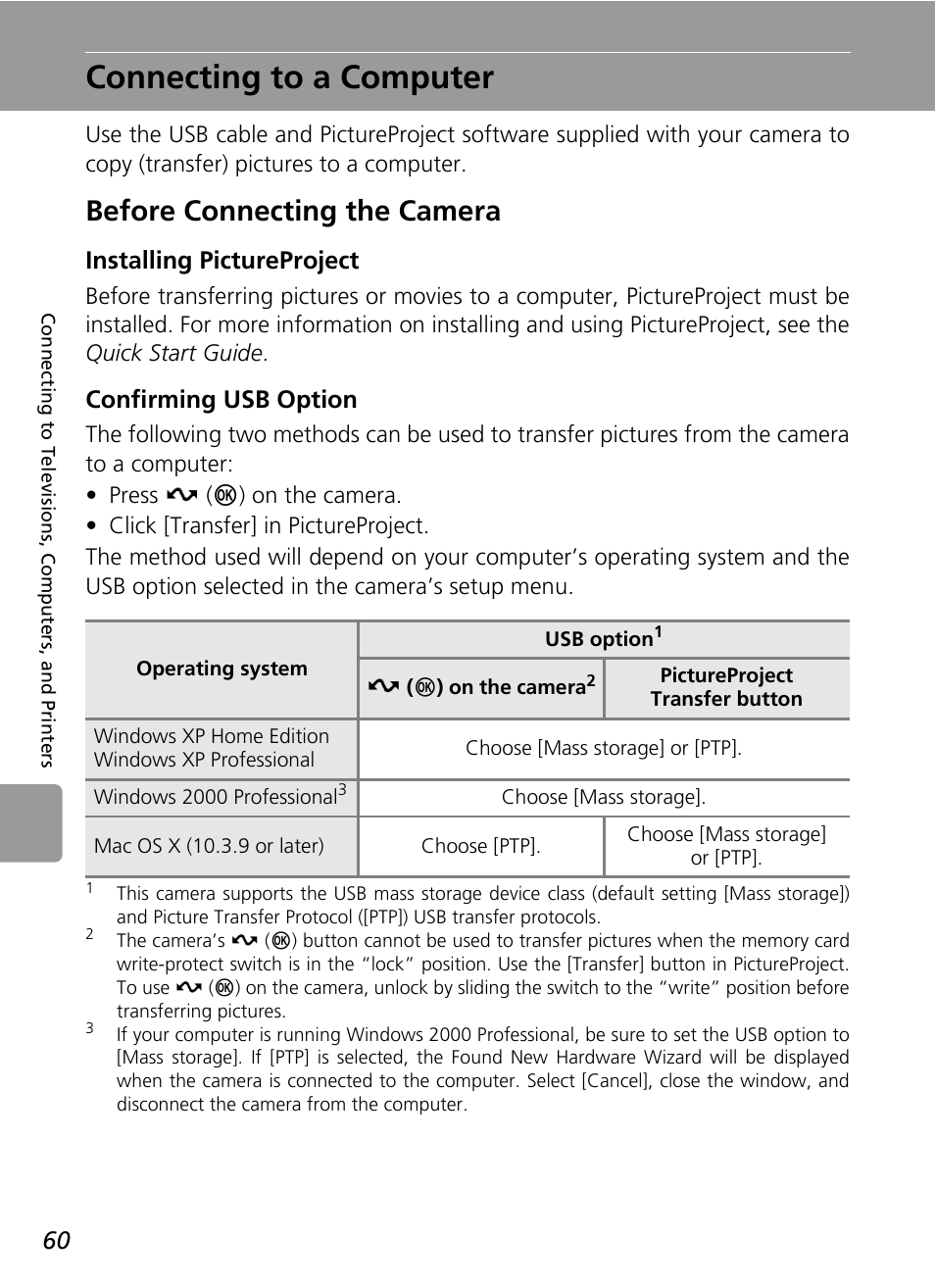 Connecting to a computer, Before connecting the camera, C 60 | C 60), Installing pictureproject, Confirming usb option | Nikon L5 User Manual | Page 72 / 136