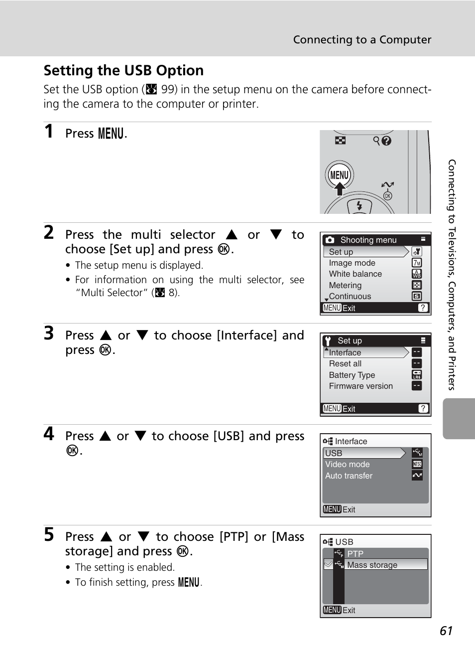 Setting the usb option, Press m, Press g or h to choose [interface] and press d | Press g or h to choose [usb] and press d | Nikon L5 User Manual | Page 73 / 136