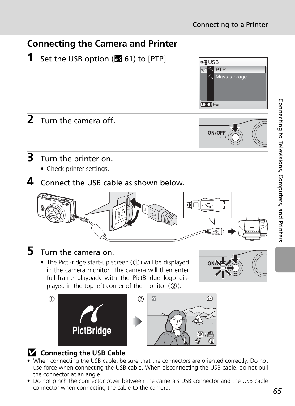 Connecting the camera and printer, R (c 65), Pictbridge | Nikon L5 User Manual | Page 77 / 136