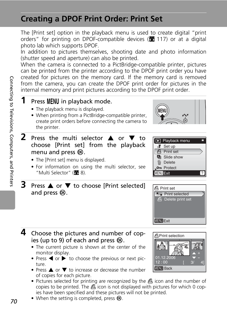 Creating a dpof print order: print set, C 70), C 70 | Press m in playback mode | Nikon L5 User Manual | Page 82 / 136