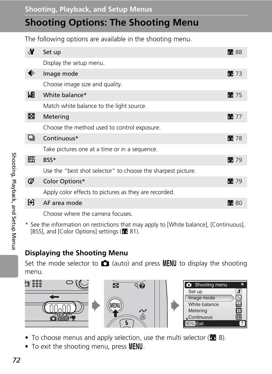 Shooting, playback, and setup menus, Shooting options: the shooting menu, C 72) | Displaying the shooting menu | Nikon L5 User Manual | Page 84 / 136