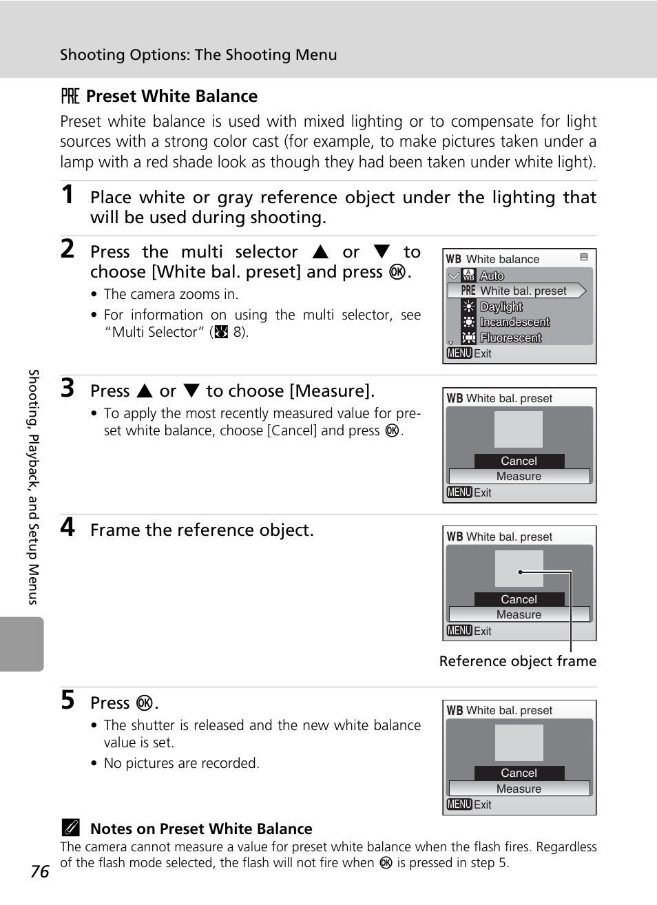 Fpreset white balance, Press g or h to choose [measure, Frame the reference object | Press d | Nikon L5 User Manual | Page 88 / 136