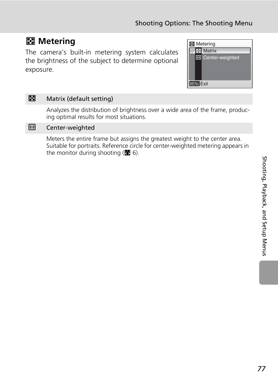 M metering, Mete, Mode (c 77) | Mmetering | Nikon L5 User Manual | Page 89 / 136