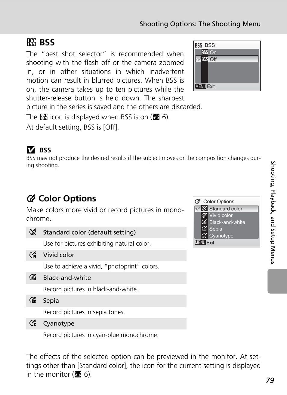 A bss, D color options, C 79) | C 79) to, C 79, Abss, Dcolor options | Nikon L5 User Manual | Page 91 / 136