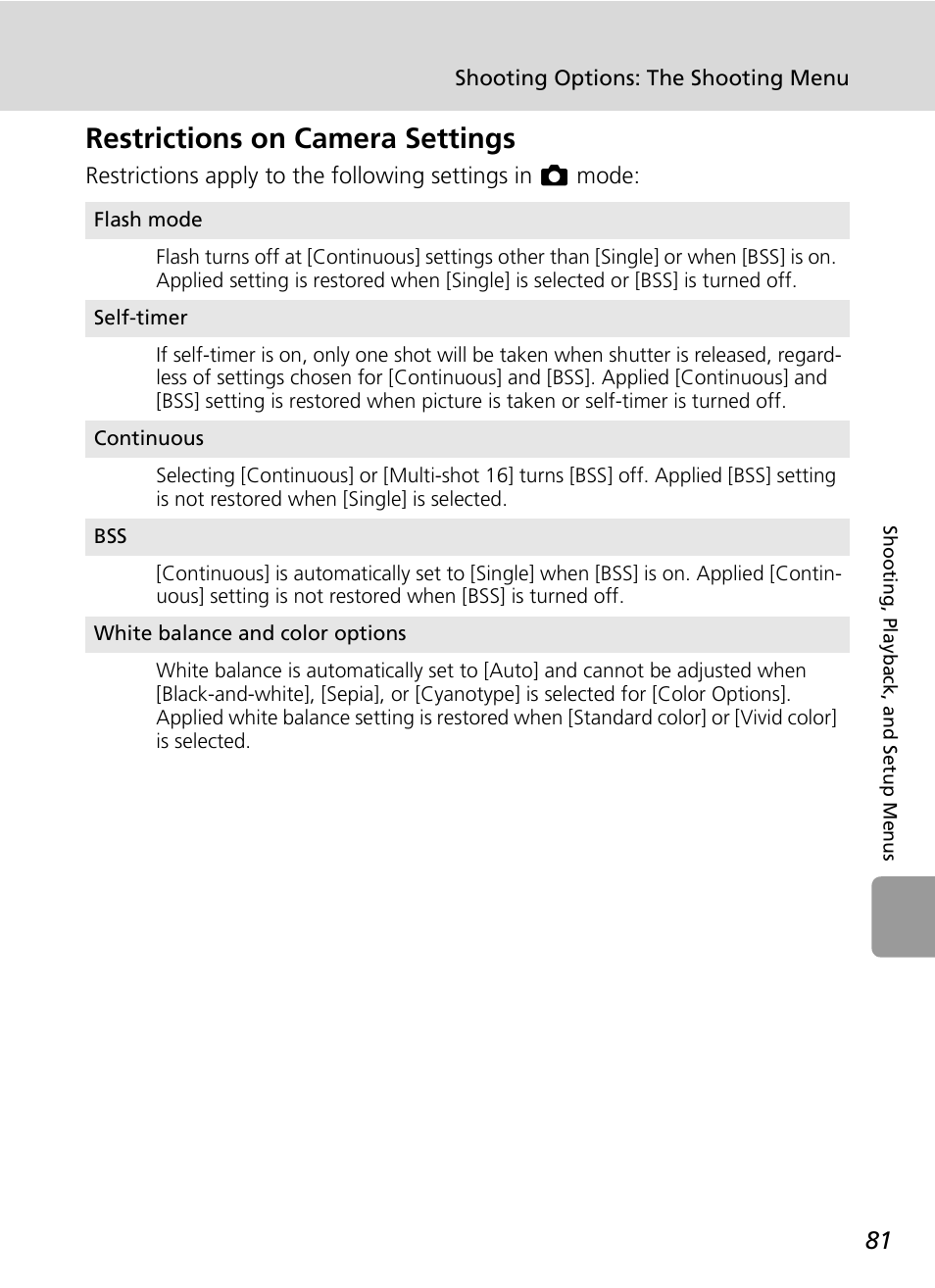 Restrictions on camera settings, C 81) | Nikon L5 User Manual | Page 93 / 136