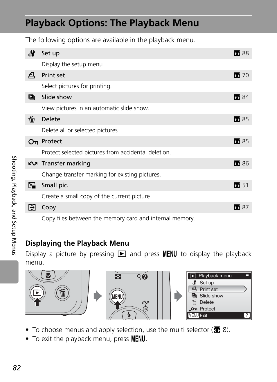Playback options: the playback menu, C 82), Displaying the playback menu | Nikon L5 User Manual | Page 94 / 136