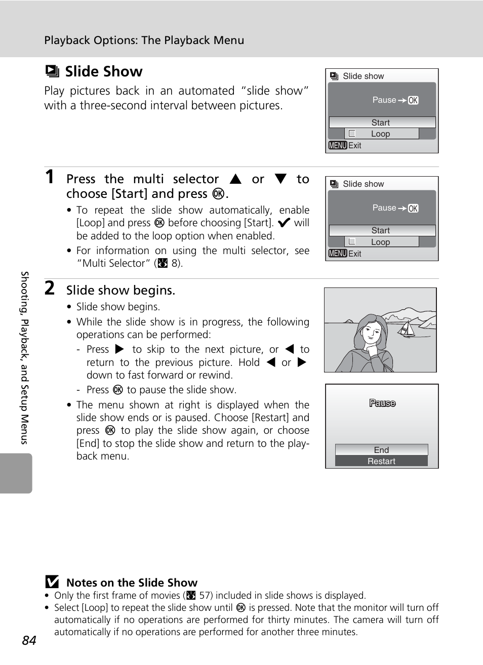 Z slide show, Zslide show, Slide show begins | Nikon L5 User Manual | Page 96 / 136