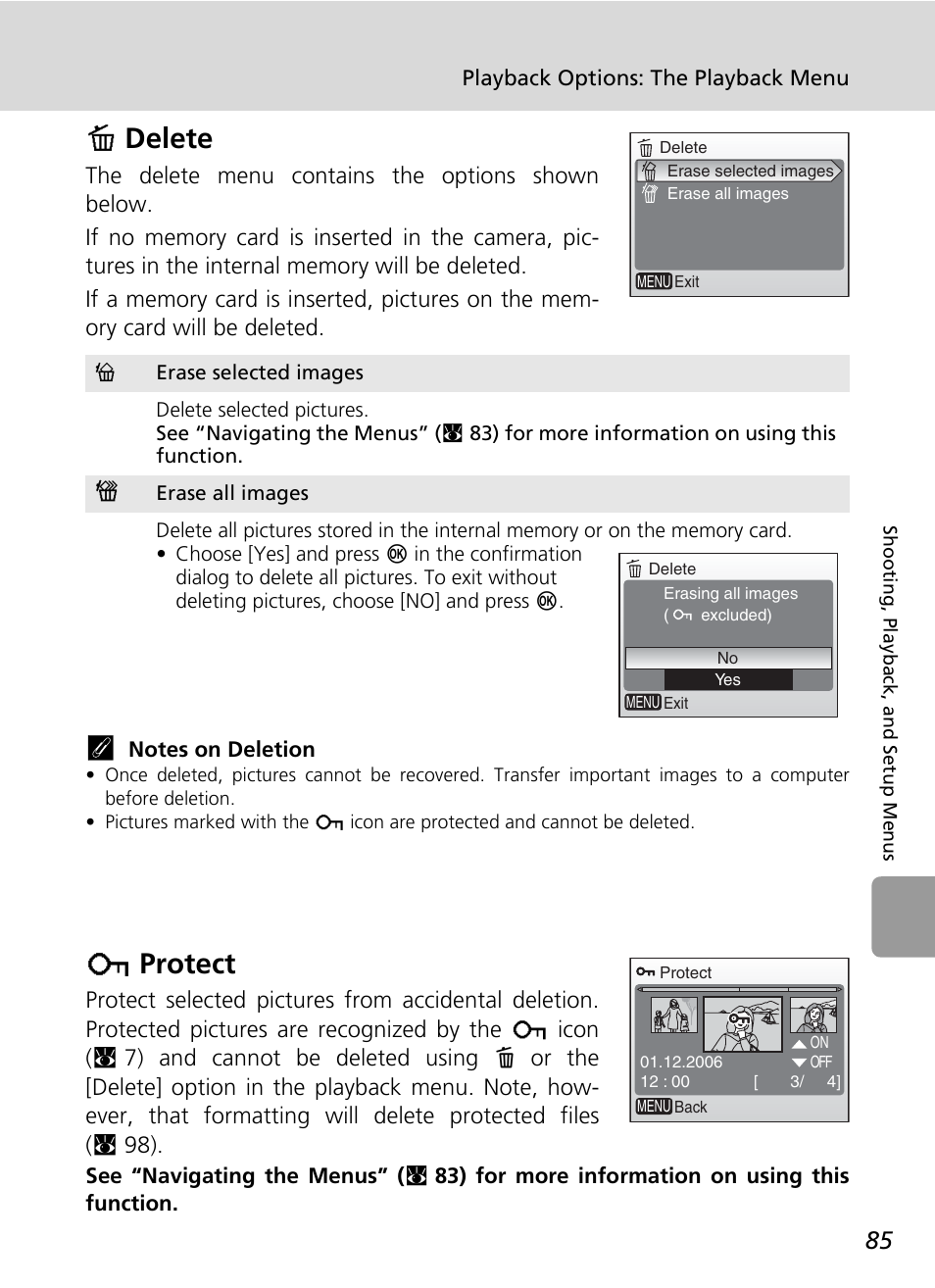 A delete, D protect, C 85 | C 85), Adelete, Dprotect | Nikon L5 User Manual | Page 97 / 136