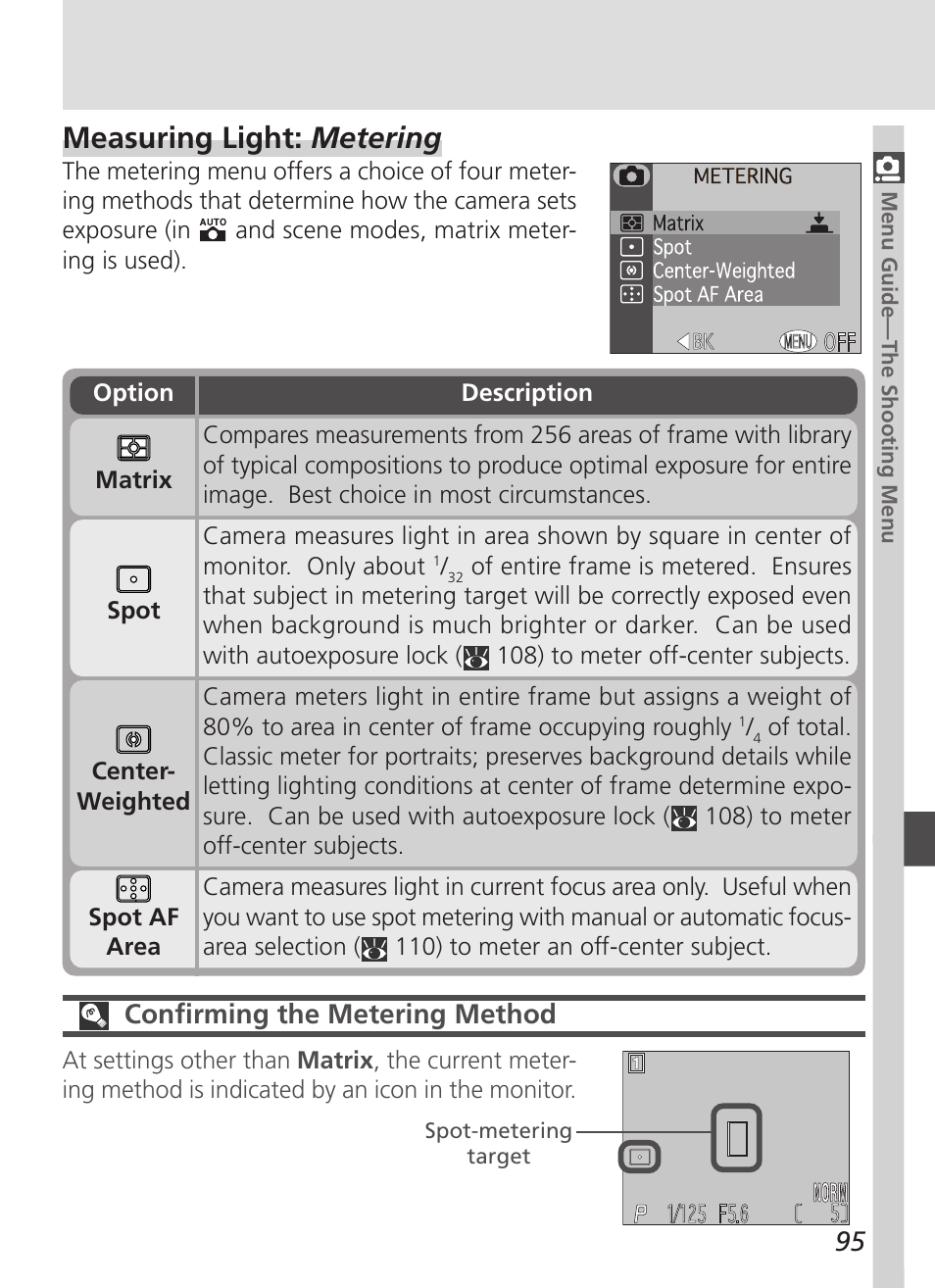 Measuring light: metering, Confirming the metering method | Nikon 4500 User Manual | Page 105 / 178