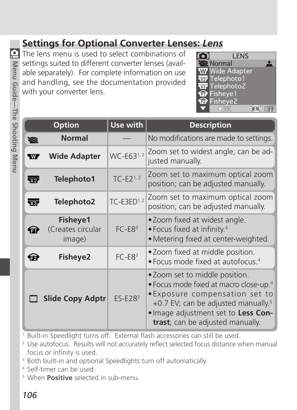 Settings for optional converter lenses: lens | Nikon 4500 User Manual | Page 116 / 178