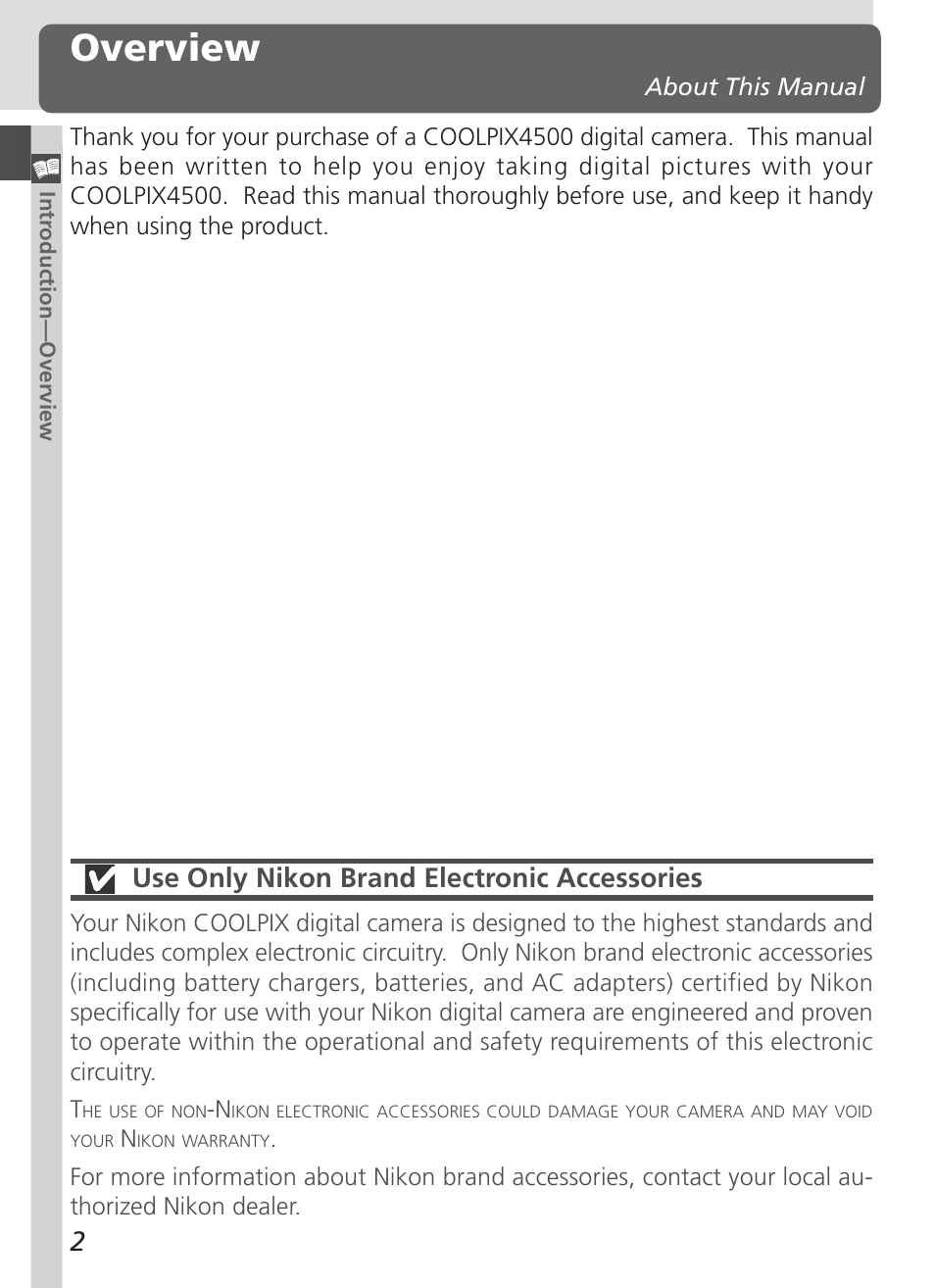 Overview, Use only nikon brand electronic accessories | Nikon 4500 User Manual | Page 12 / 178