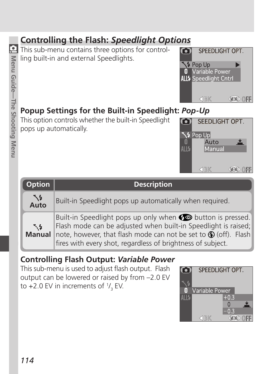 Controlling the flash: speedlight options, Controlling flash output: variable power, Popup settings for the built-in speedlight: pop-up | Nikon 4500 User Manual | Page 124 / 178