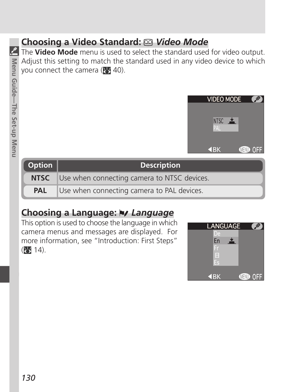 Choosing a video standard: video mode, Choosing a language: language | Nikon 4500 User Manual | Page 140 / 178