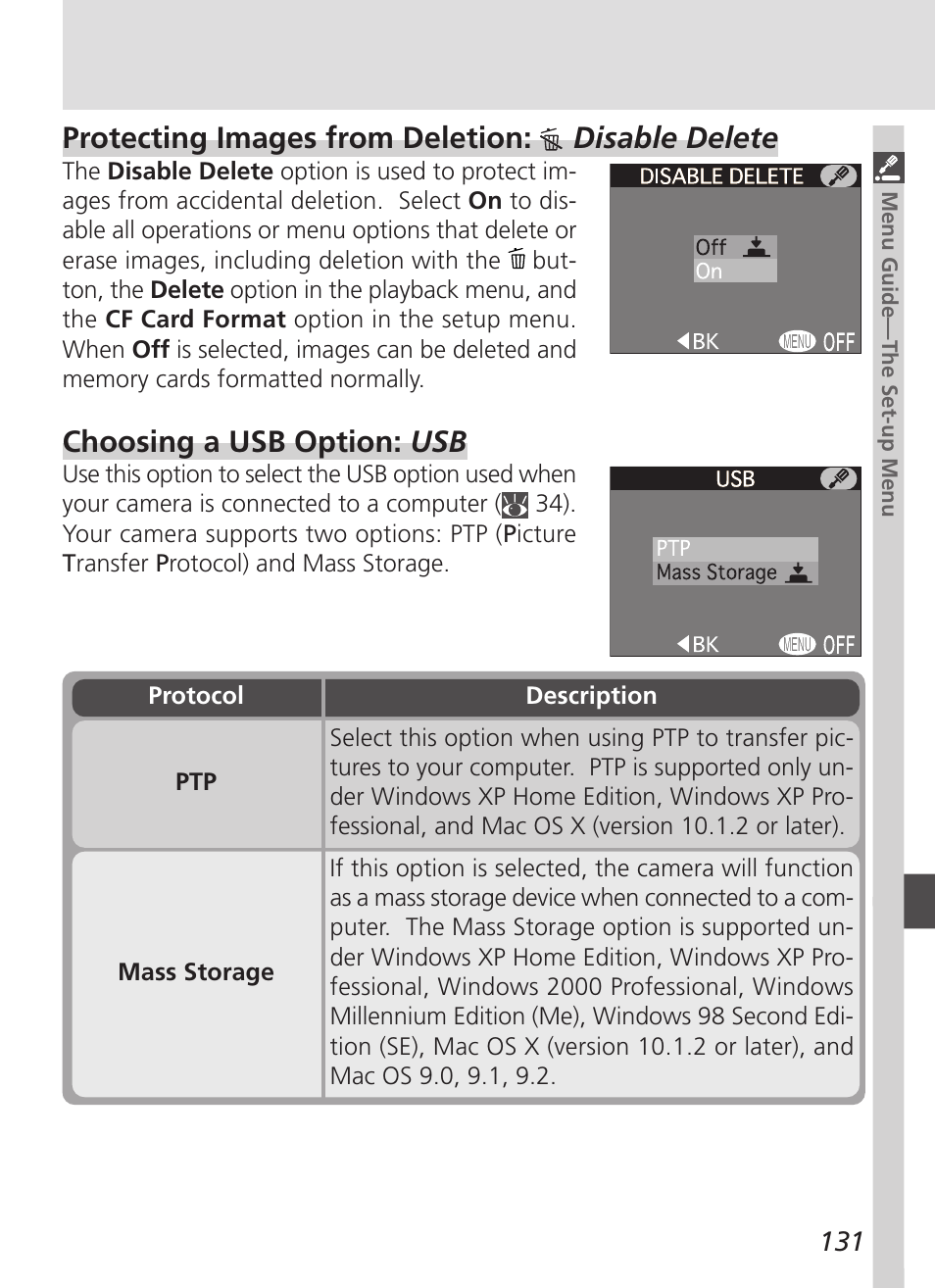 Protecting images from deletion: disable delete, Choosing a usb option: usb | Nikon 4500 User Manual | Page 141 / 178
