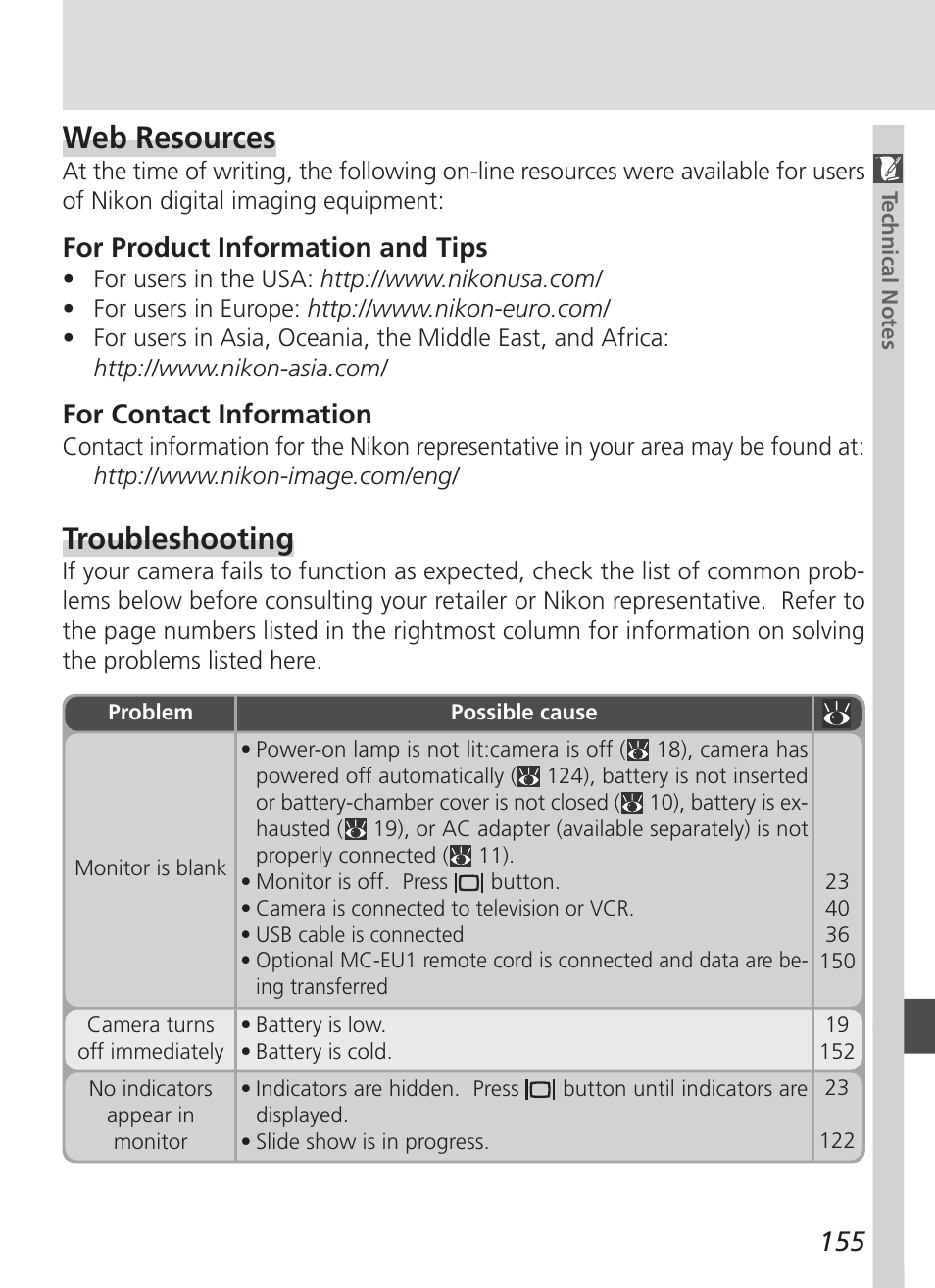 Web resources, Troubleshooting, For product information and tips | For contact information | Nikon 4500 User Manual | Page 165 / 178