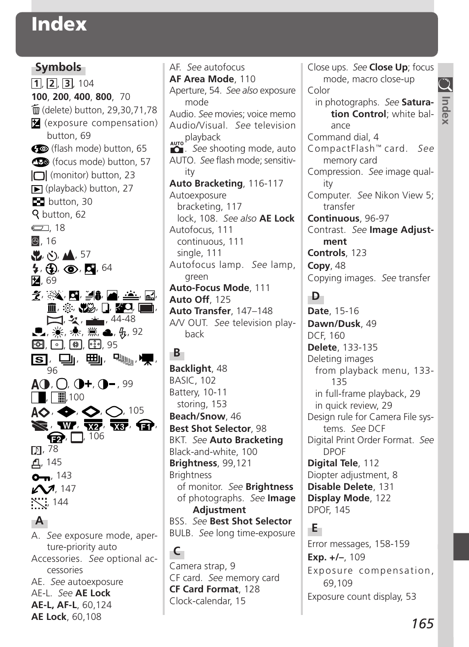 Index, Symbols | Nikon 4500 User Manual | Page 175 / 178