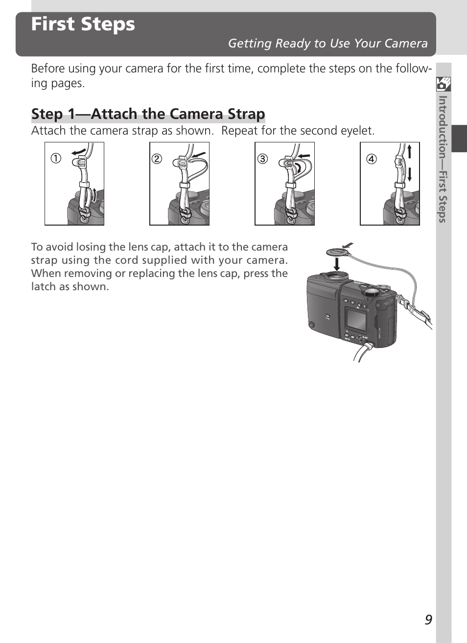 First steps, Step 1—attach the camera strap, Getting ready to use your camera | Nikon 4500 User Manual | Page 19 / 178
