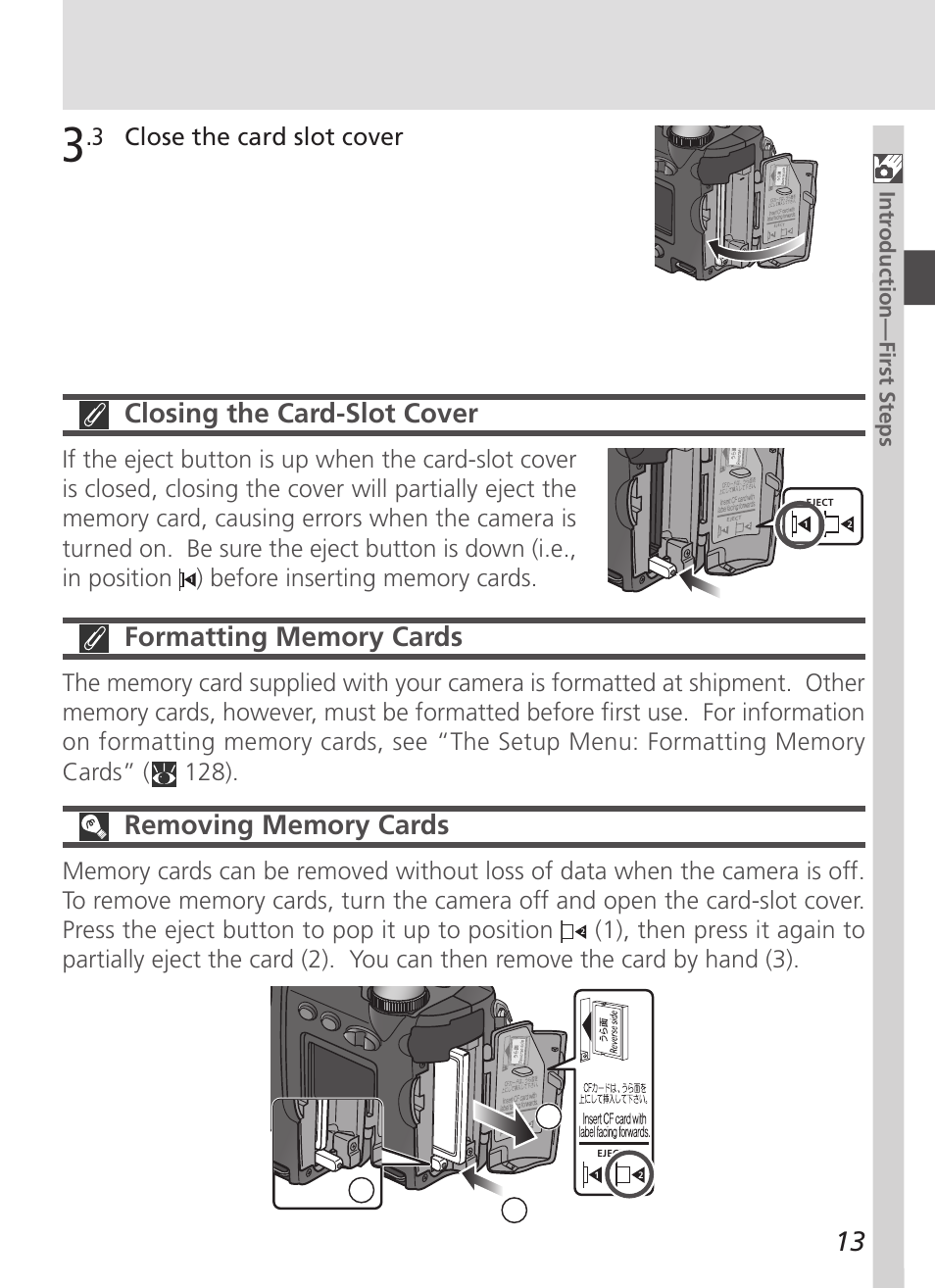 13 closing the card-slot cover, 3 close the card slot cover, Intr oduction — first steps | Nikon 4500 User Manual | Page 23 / 178