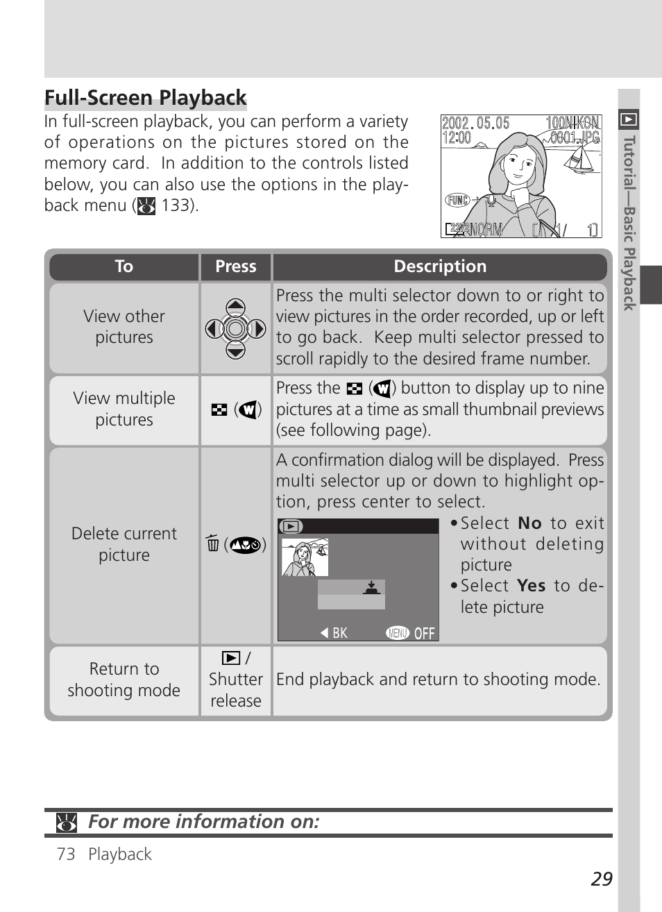 Full-screen playback, For more information on | Nikon 4500 User Manual | Page 39 / 178