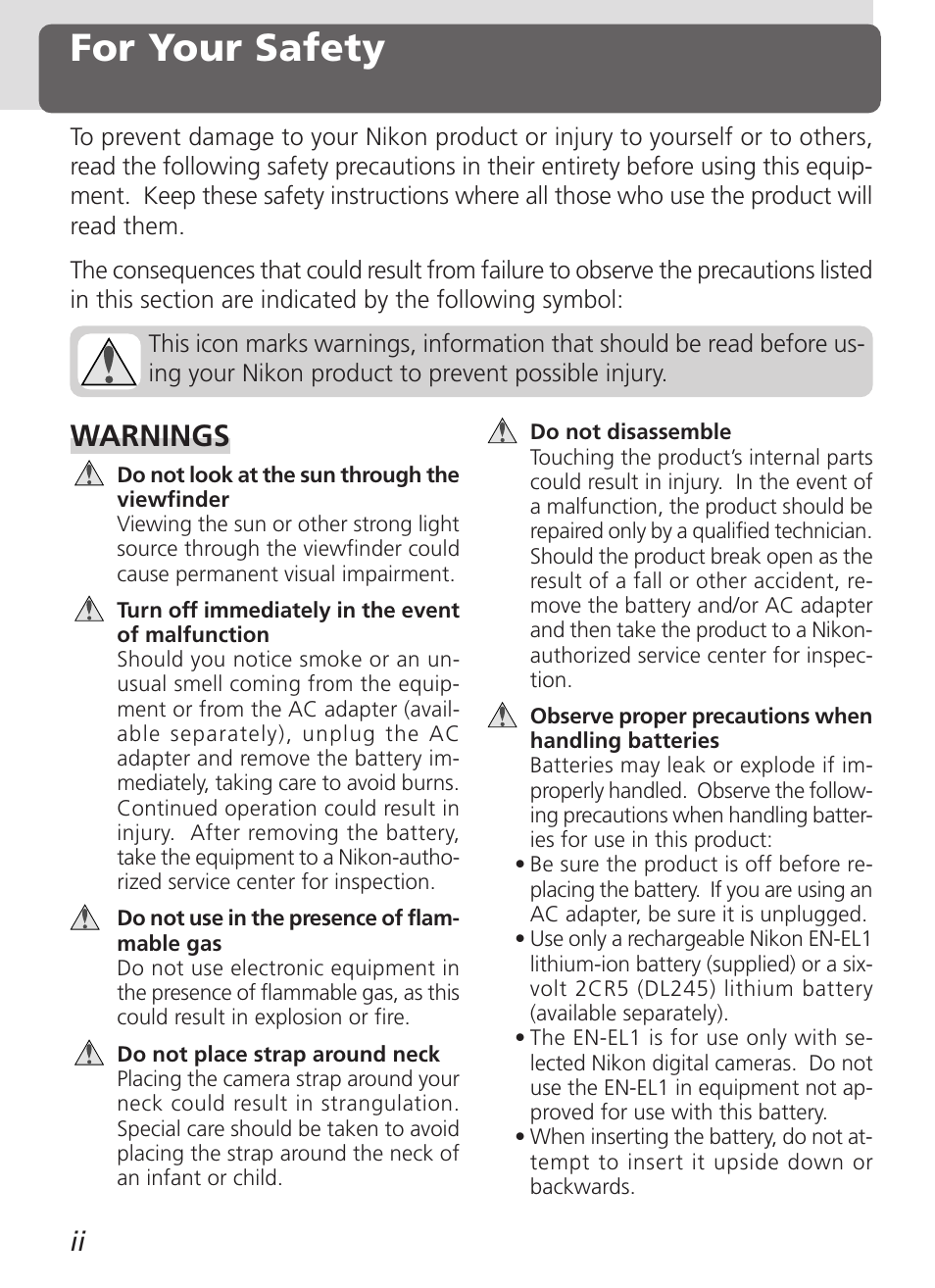 For your safety, Warnings | Nikon 4500 User Manual | Page 4 / 178