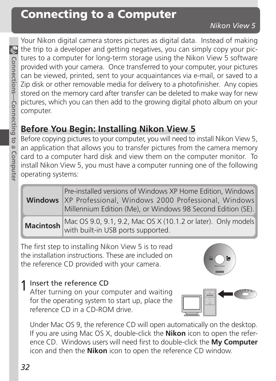 Connecting to a computer, Before you begin: installing nikon view 5, Nikon view 5 | Nikon 4500 User Manual | Page 42 / 178