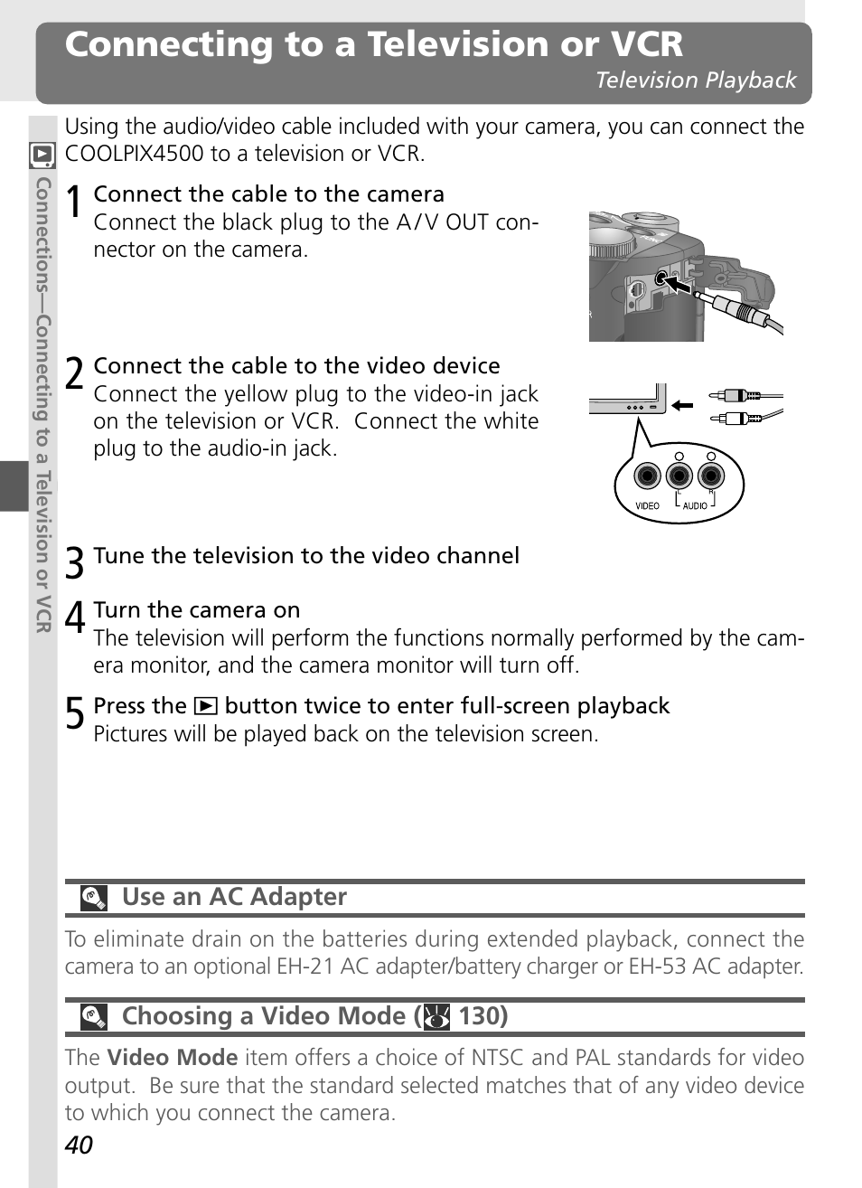 Connecting to a television or vcr | Nikon 4500 User Manual | Page 50 / 178